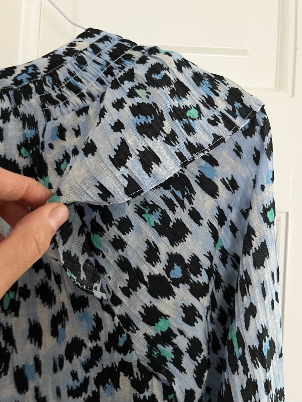 LOFT Blue and Black Leopard-Print Button Henley Blouse - Picture 6 of 7